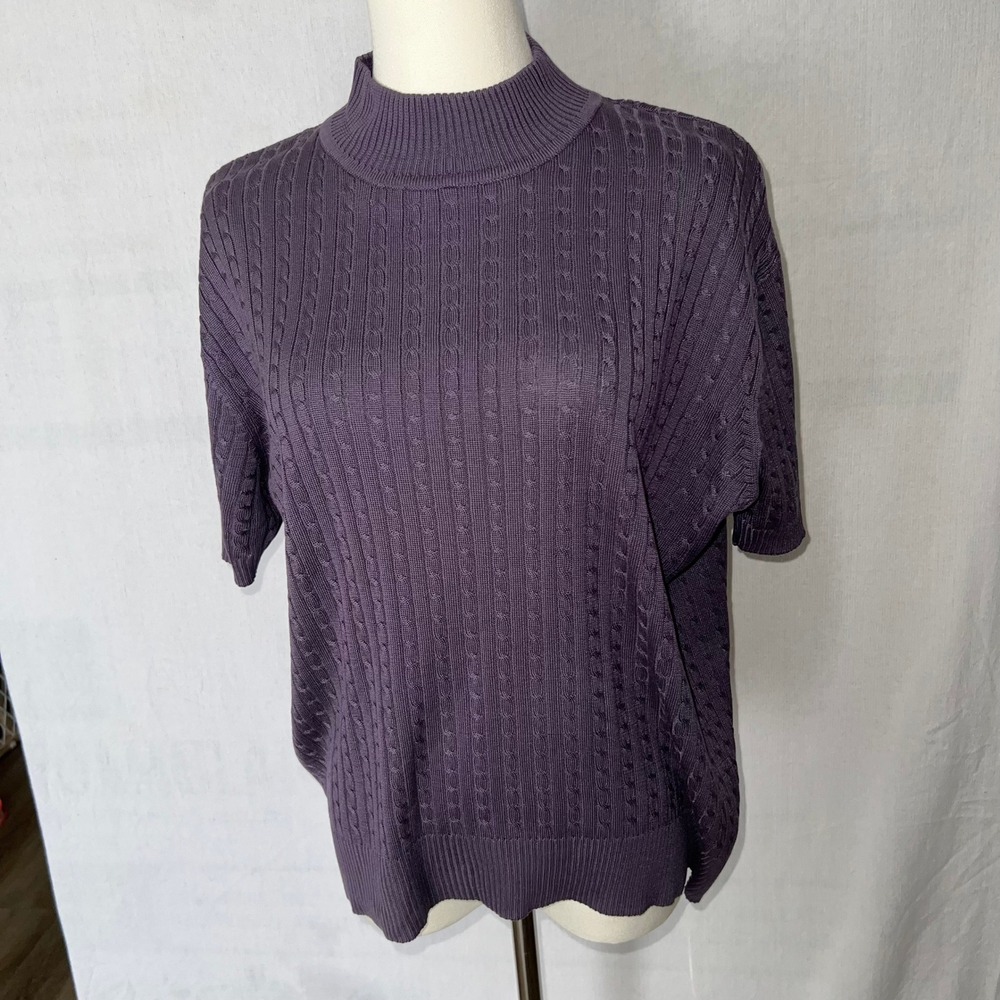 100% Silk Cable Knit Sweater Mock Neck Short Sleeve Purple M Quiet Luxury - Picture 3 of 7